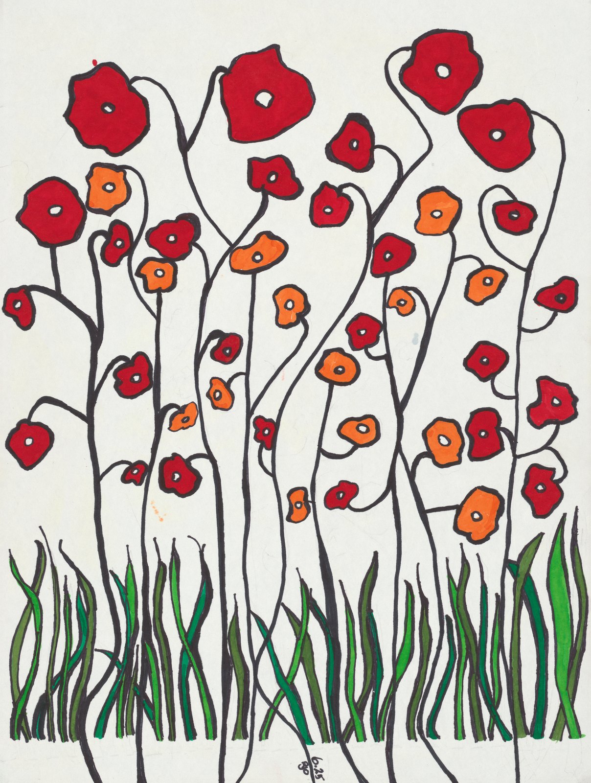 Red poppies on slender stems against an open white field
