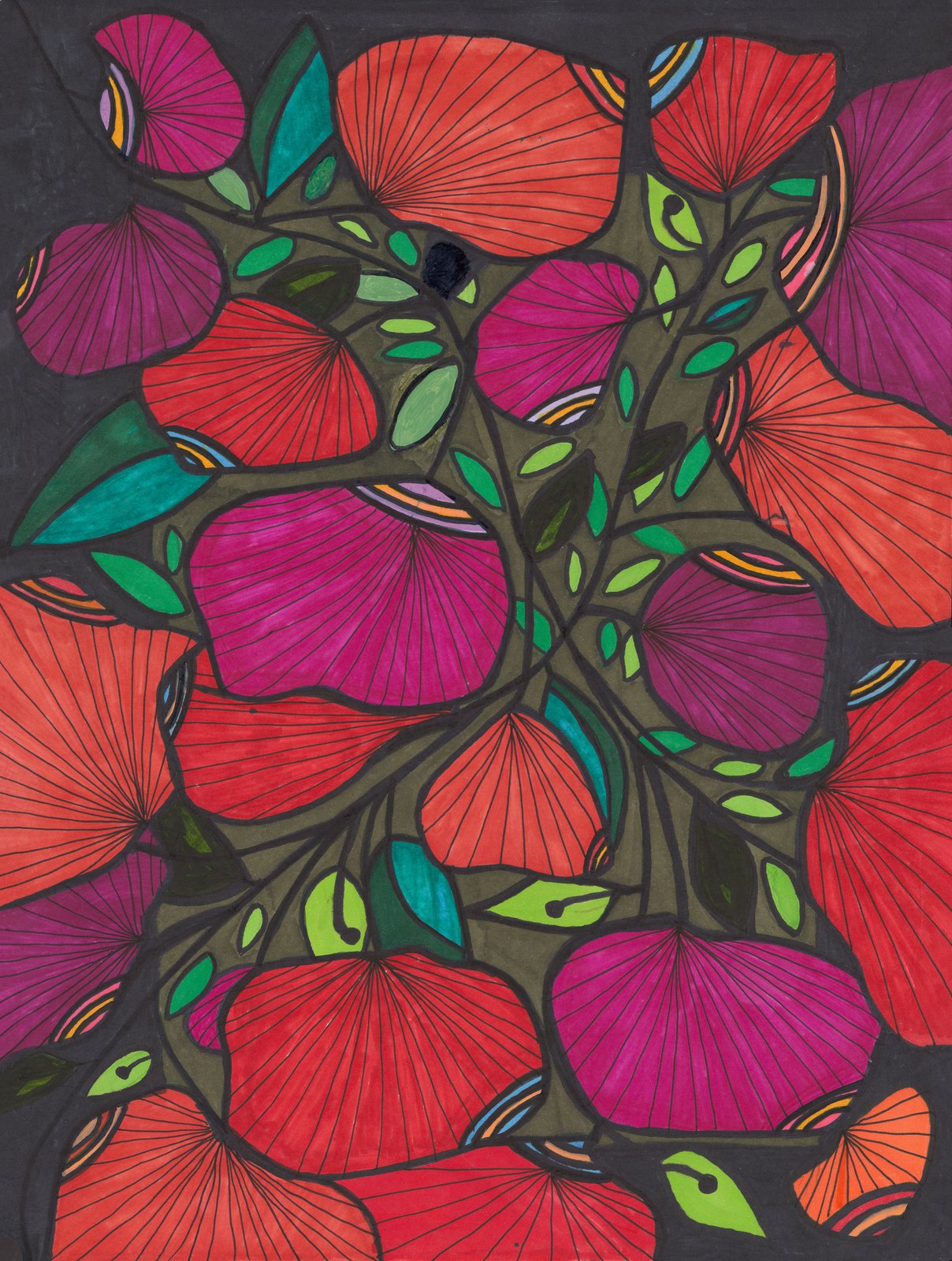 Orange and magenta patterned petals with dark leaves